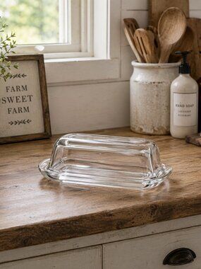 Vintage Clear Glass Butter Dish with Lid Classic Kitchen Table Serving Decor